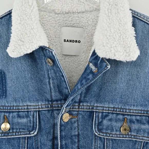 Sandro David Denim Jacket Womens Sz 36 Blue Faux Shearling Trimmed Trucker Jean - Picture 7 of 16